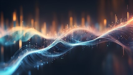 Abstract digital wave with glowing particles on dark background.