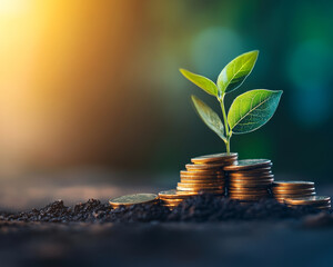 A young plant grows from stack of coins, symbolizing connection between financial growth and sustainability. This image captures essence of investment and nurturing