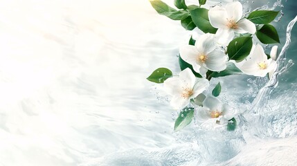 floating water, foam, green leaves, fresh flowers, green tones, large area of white space, translucent, 