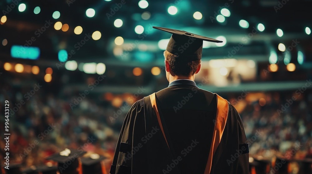 Back view of a male graduate in cap and gown standing in a crowd at an ...