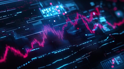 Poster - futuristic digital data visualization with vibrant graphs and computer interfaces in neon colors.