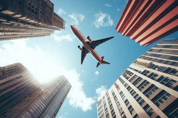 Sticker - A plane flying over high rise buildings architecture aircraft airplane.