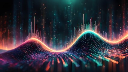 Abstract digital wave with glowing lines and particles on a dark background.