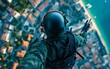 © Wimon - Aerial view of a soldier in tactical gear, showcasing bravery and skill against a breathtaking landscape.