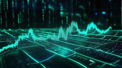 Poster - futuristic digital interface showcasing data visualization with green wave patterns against a dark b