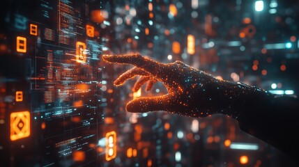 a hand reaching out to touch digital data, surrounded glowing screens and icons representing the ai'