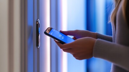 Modern digital security, closeup of a woman's hand entering a code on a smartphone to access hotel room, isolate on white background