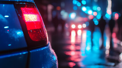 Close up of a car taillight on a wet city street at night with blurred pedestrians and traffic lights in the background.