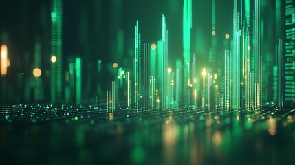 Poster - futuristic digital landscape with glowing green data towers and abstract light effects.