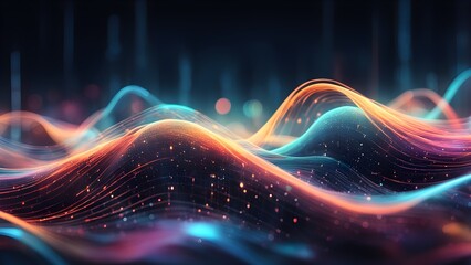 Abstract digital landscape with glowing waves and particles.