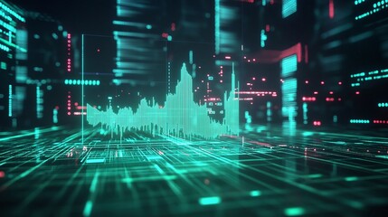 Poster - futuristic digital landscape with green data visualization, representing data analysis and technolog