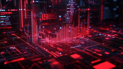 Poster - futuristic digital landscape with red glowing data visualizations and circuits, ideal for tech backg