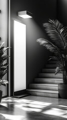 Canvas Print - Blank sign in a modern lobby with steps and plants.