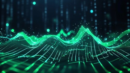 Aufkleber - futuristic digital wave patterns in vibrant green on a dark background.