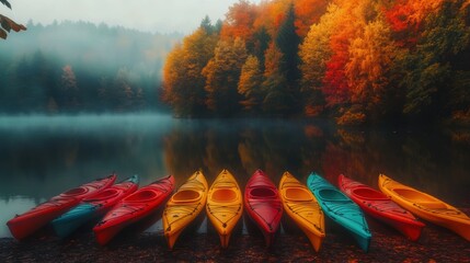 Kayak boat in still quiet lake water with colorful Autumn foliage