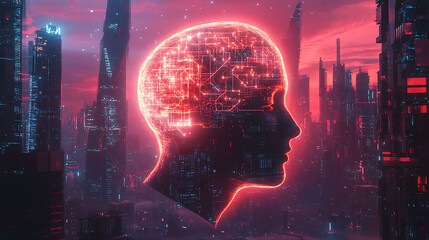 A glowing human head with a circuit board pattern in a futuristic cityscape at dusk.