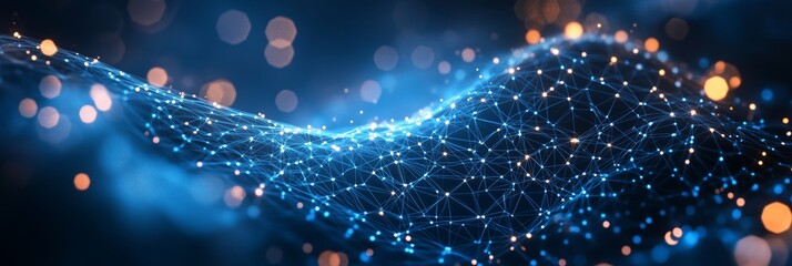 Poster - Abstract background with dark blue waves and glowing hexagons forming an interconnected network of lines