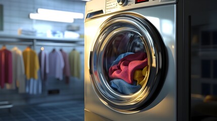 Modern Washing Machine in Laundry Room with Colorful Clothing