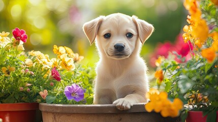 Puppy sitting near a flower bed in a garden, colorful background with wide copy space for design.