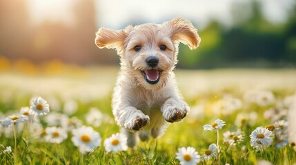 Puppy running through a field of daisies, vibrant background with wide copy space.