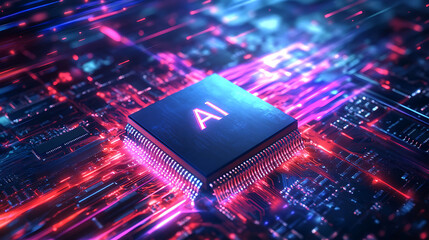 Aufkleber - A glowing AI processor chip on a circuit board with neon lights.