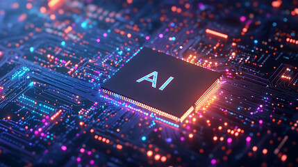 Poster - AI processor chip on a circuit board with glowing lines.