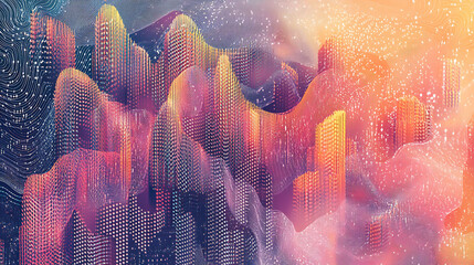 Abstract digital art with futuristic cityscapes and bright colors.