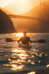 Canvas Print - A man kayaking in water with background of golden gate bridge