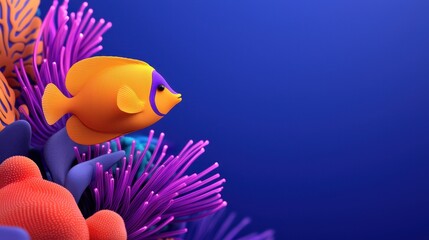 Colorful fish swimming among vibrant coral in a deep blue ocean background.