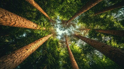 Wall Mural - A forest of tall trees seen from above, with space for text in the sky or among the treetops.