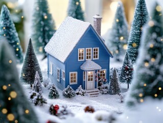 Wall Mural - Small Blue House with Christmas Trees