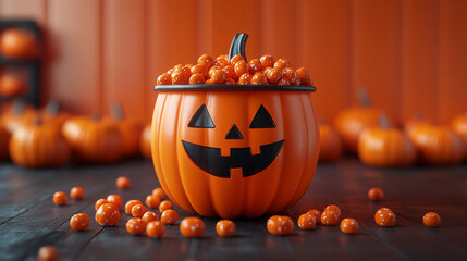 Wall Mural - A jack-o'-lantern filled with candy for Halloween.