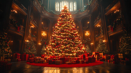 A huge Christmas tree with bright lights and presents