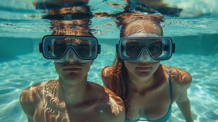 Underwater view of a guy and a girl with glasses looking at the camera, swimming in the blue water of the pool