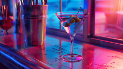 Martini glass on a pink and blue neon background. Alcohol drink, cocktail party concept. Transparent silhouette, illuminated effect. Night bar