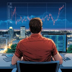 Poster - A focused man analyzing stock market data from a high-rise office, overlooking a vibrant city skyline at night.