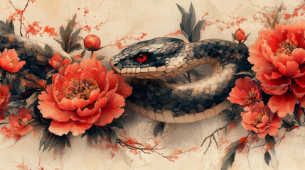 Wall Mural - A black snake with red eyes rests among red peonies.