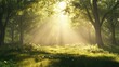 © THIPPY 8995 - A sunrise over a quiet forest clearing, with light filtering through the trees and room for copy.