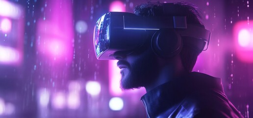 Poster - Playing with VR goggles in a futuristic cyber world wearing VR headset - Abstract concept of VR, innovation, and new technology