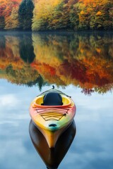 Wall Mural - Kayak boat in still quiet lake water with colorful Autumn foliage