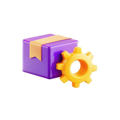 Poster - A vibrant 3D rendering of a purple box with a yellow gear beside it. The design is playful and modern, suitable for various icons or illustrations.