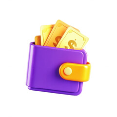 Poster - A vibrant purple wallet featuring yellow cash notes peeking out, designed with a modern 3D style, emphasizing wealth and financial planning.