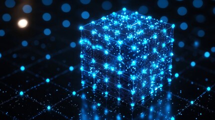 Poster - Blue cube on black background. Wireframe rectangular structure with glowing particles. Futuristic digital illustration. 3D modeling.