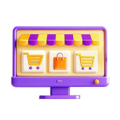 Poster - A colorful 3D representation of an online shopping interface, featuring icons for shopping carts and a bag on a monitor. Ideal for e-commerce concepts.