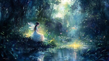 Fairy in a magical forest with a pond and glowing lights.