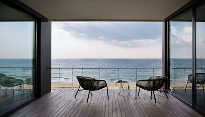 Wall Mural - Terrace with panoramic windows overlooking the sea. Black balcony room with access to the beach. Studio mockup in modern interior design. living room with window