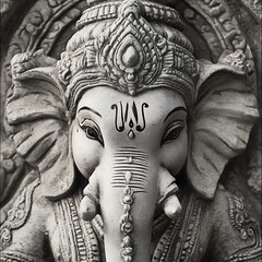 Wall Mural - Close-up of a Stone Ganesha Sculpture in Black and White.