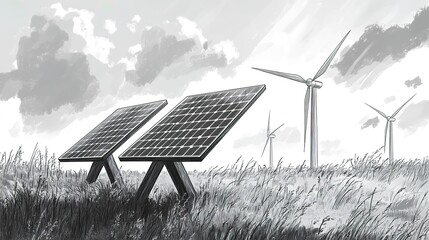 Black-and-white storyboard sketch of two solar panels on wooden legs in the foreground
