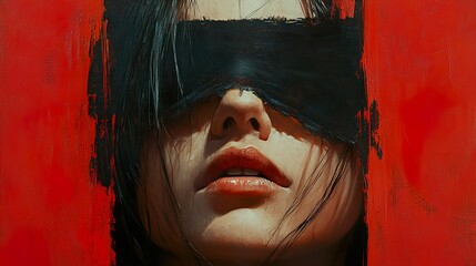 Poster - Woman with Blindfold - Abstract Portrait in Red and Black