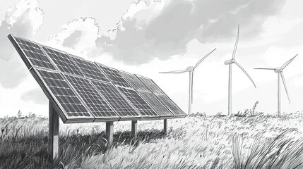 black-and-white storyboard sketch of two solar panels on wooden legs in the foreground